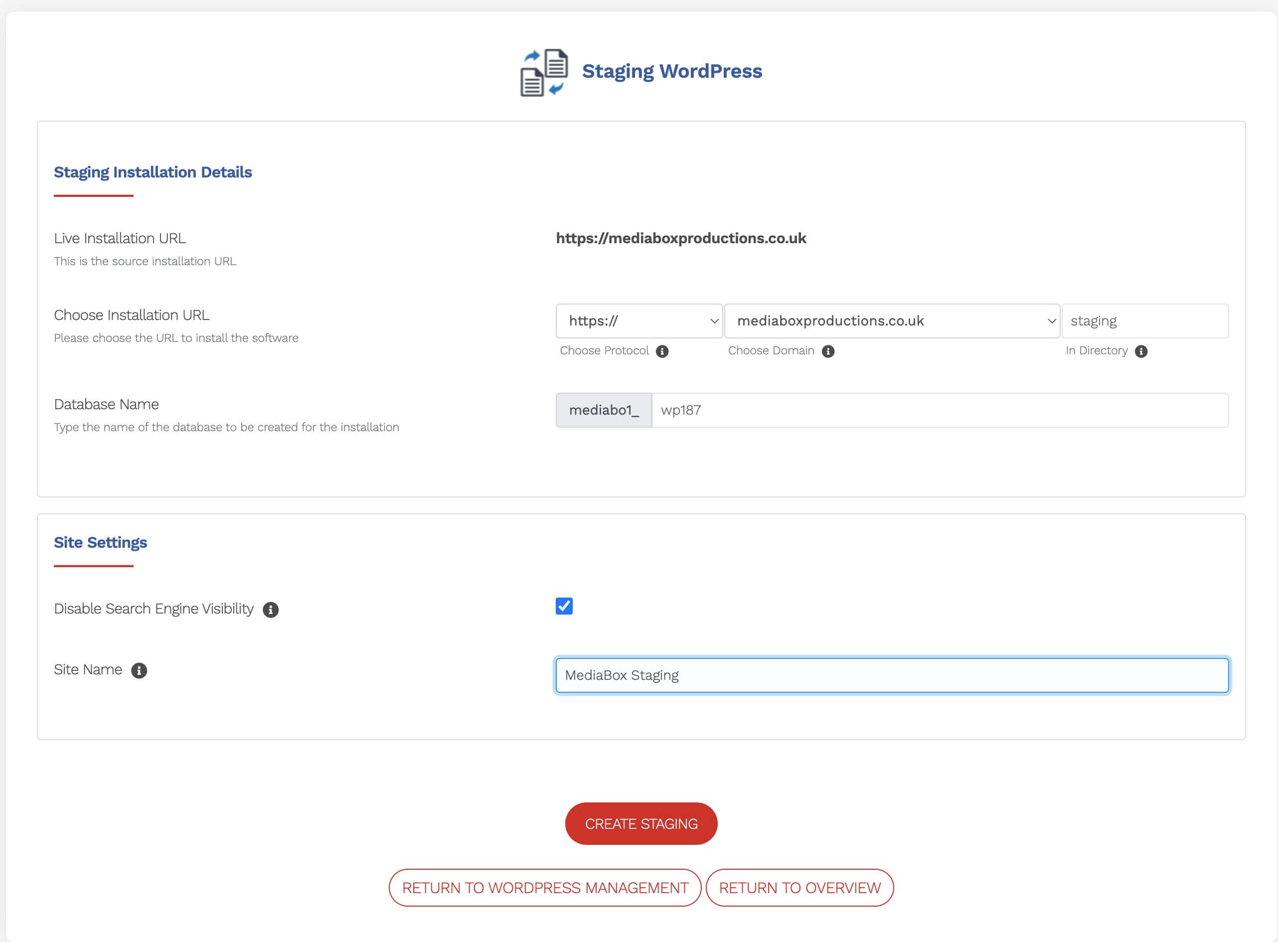 WordPress Staging Form